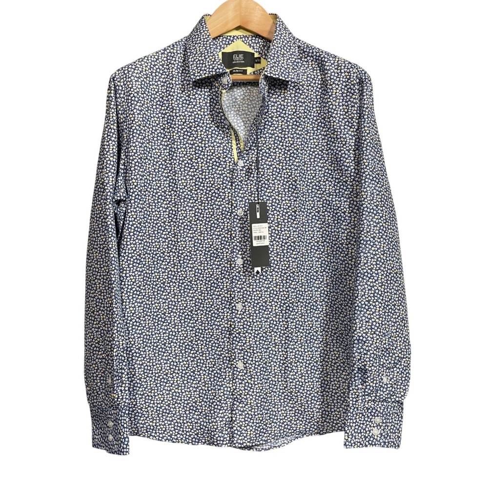 Elie Balleh Mens Large 16-16.5 Slim Fit Floral Shirt Navy Contrast Placket NWT